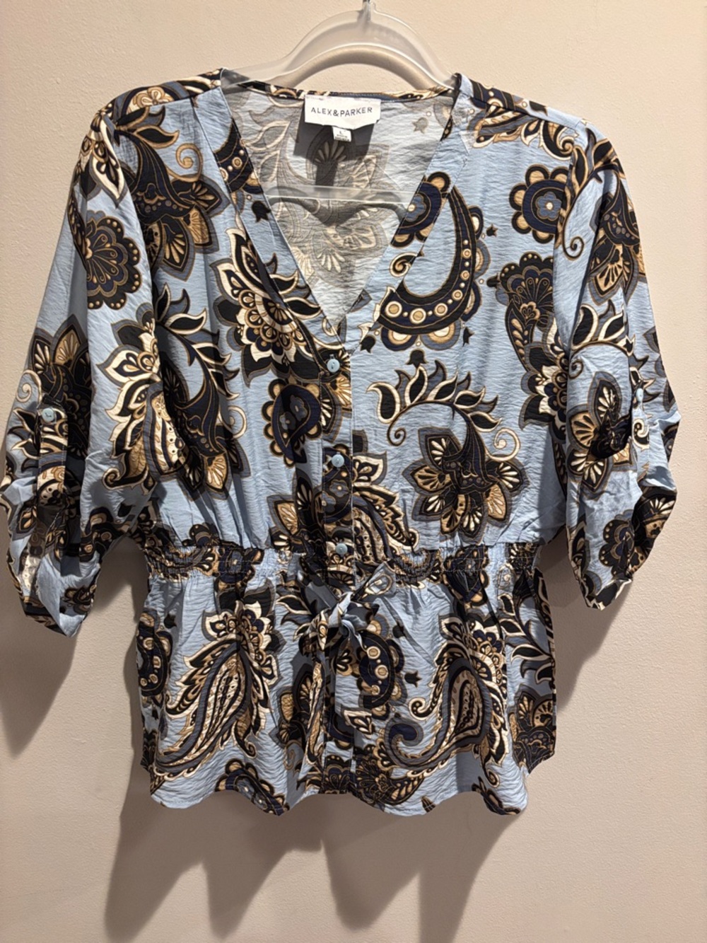 Alef & Parker Light Blue Paisley Button-Front Peplum Blouse